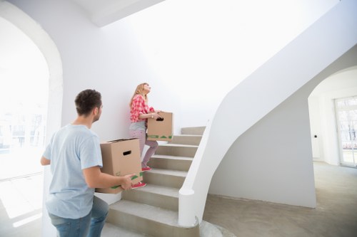 Packed office equipment ready for transport during a Kensington business move