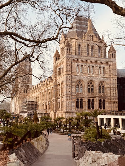 A historic multi-story building constructed with beige and brown stone features gothic architectural details, including arched windows, decorative turrets, and crenellated parapets, situated in an urban environment. In the foreground, there is a landscaped area with small trees, shrubs, and large rocks, along with a paved pathway leading towards the building. Bare tree branches extend into the frame from the top left corner, indicating the scene is set in late autumn or winter. The surrounding streets show signs of city activity, with pedestrians and construction scaffolding visible, suggesting ongoing restoration or maintenance work. This scene exemplifies a cityscape that could be part of a house or commercial building relocation project, aligning with the services offered by Removal Companies Kensington, who handle packing, moving, and furniture transport within historic or urban settings.