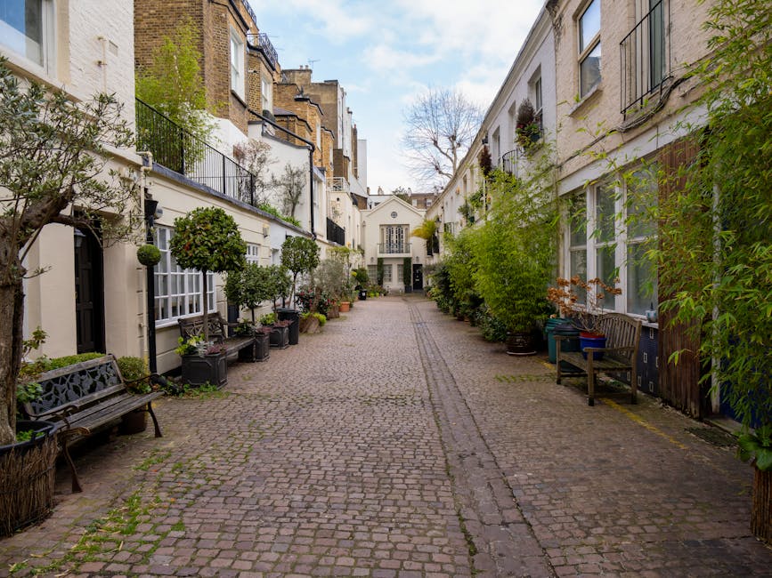 A narrow cobblestone street in Kensington, lined with white residential buildings featuring large windows and small balconies, some with black iron railings. The buildings are decorated with potted plants, trees, and shrubs, placed on window sills and against walls, adding greenery to the scene. Several wooden benches are positioned along the street, with one laden with a few empty flower pots, while others are situated on the pavement. In the background, a white multi-story building with classical architectural details stands at the end of the street. The sky above is partly cloudy, and the overall scene is well-lit, capturing the typical quiet charm of Kensington's residential area, suitable for home relocation or moving services by companies like Removal Companies Kensington.