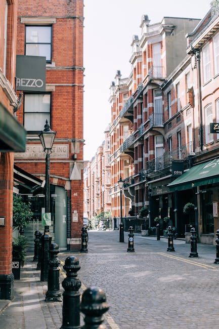 A narrow cobblestone street in Kensington, lined with white residential buildings featuring large windows and small balconies, some with black iron railings. The buildings are decorated with potted plants, trees, and shrubs, placed on window sills and against walls, adding greenery to the scene. Several wooden benches are positioned along the street, with one laden with a few empty flower pots, while others are situated on the pavement. In the background, a white multi-story building with classical architectural details stands at the end of the street. The sky above is partly cloudy, and the overall scene is well-lit, capturing the typical quiet charm of Kensington's residential area, suitable for home relocation or moving services by companies like Removal Companies Kensington.
