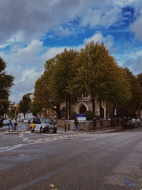 A broad view of a street scene outside a brick building with an arched entrance, surrounded by mature trees with green and orange foliage, indicating autumn. Several cars are parked along the street and on the pavement, with some vehicles waiting at a pedestrian crossing. The scene includes road markings, bollards, and street furniture such as lampposts and signs, under a partly cloudy sky with blue patches visible. The location appears to be in South Kensington, as suggested by the context of house removals and moving services provided by Removal Companies Kensington, with the setting capturing typical urban infrastructure and greenery in a residential or mixed-use area, suitable for home relocation or furniture transport activities.